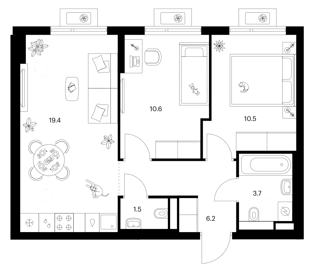 Планировка: 2-комнатная квартира 51,9 м² в ЖК «Белая Дача парк»