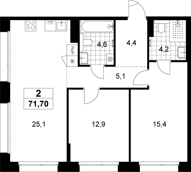 Планировка: Евротрёшка 71,7 м² в ЖК «Хольм»