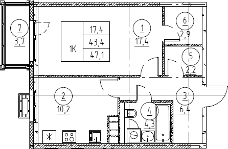 Планировка: 1-комнатная квартира 43,4 м² в ЖК «Крылов»