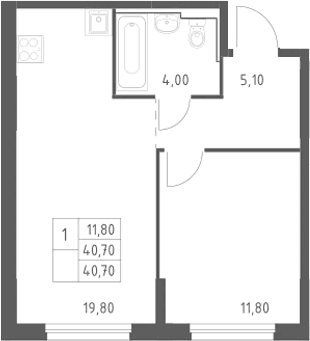Планировка: Евродвушка 40,7 м² в ЖК «Химки Парк»