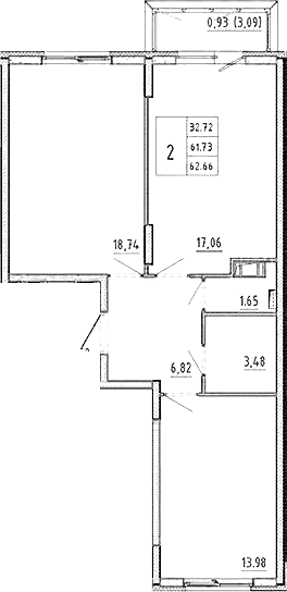 Планировка: Евротрёшка 61,7 м² в ЖК «Аннино Сити»