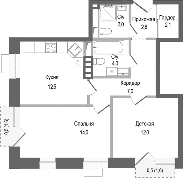 Планировка: 2-комнатная квартира 57,2 м² в ЖК «Киноквартал»