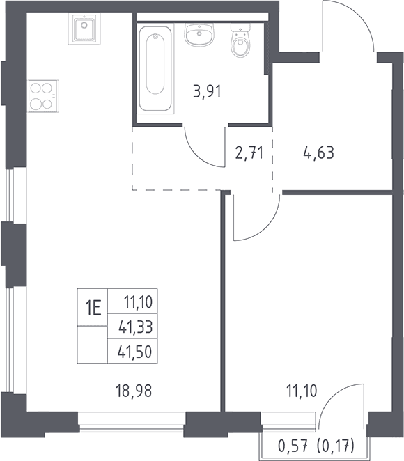 Планировка: Евродвушка 41,3 м² в ЖК «Рублевский квартал»