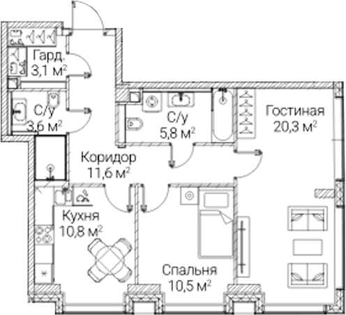 Планировка: 2-комнатная квартира 65,7 м² в ЖК «СЕЗАР БУДУЩЕЕ»