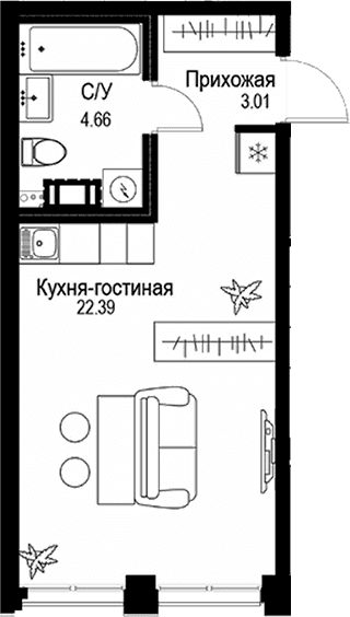 Планировка: Студия 30,1 м² в ЖК «ID Petrogradskaya»