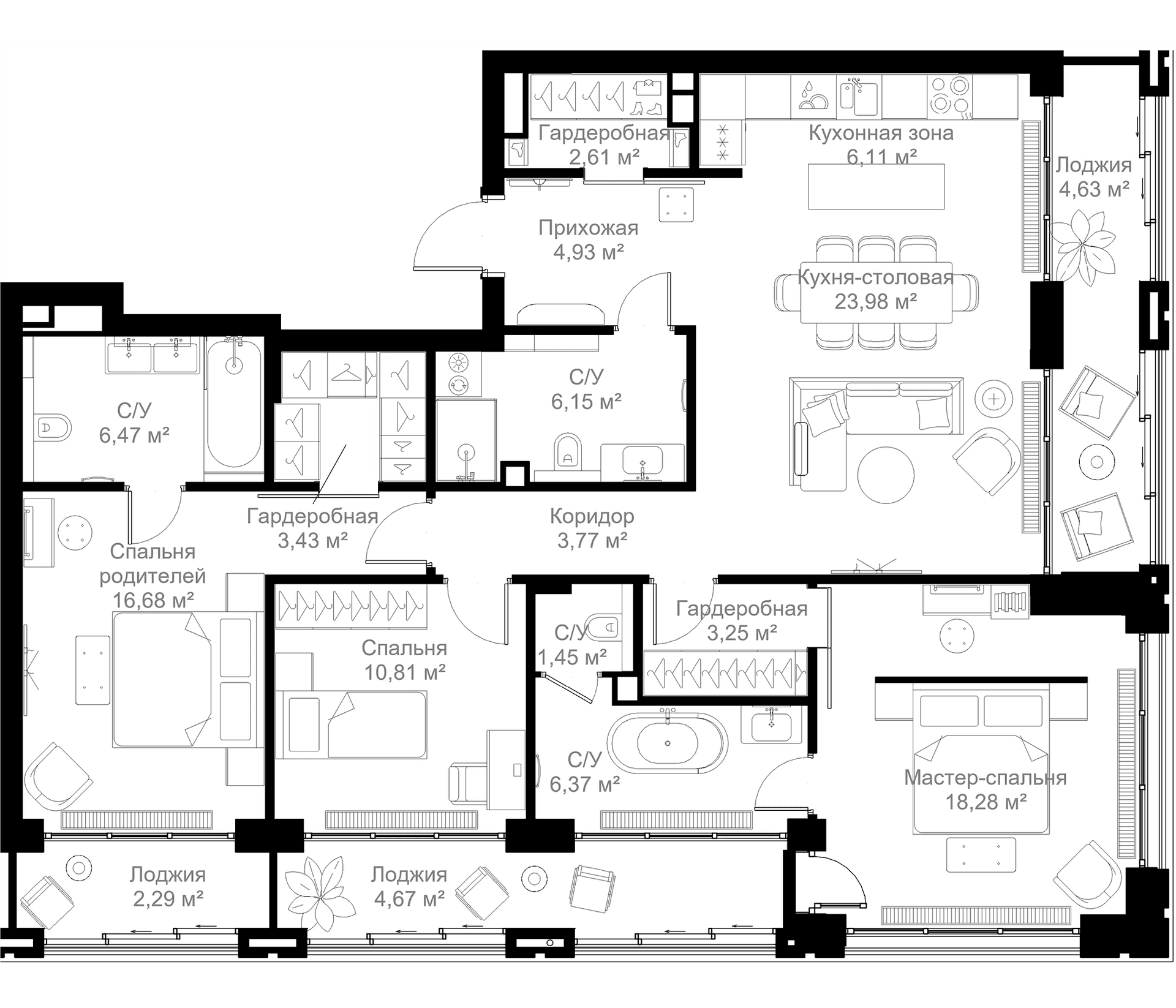 Планировка: 3-комнатная квартира 114,3 м² в ЖК «МЫС»