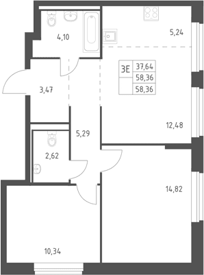 Планировка: Евротрёшка 58,4 м² в ЖК «Горки Парк»