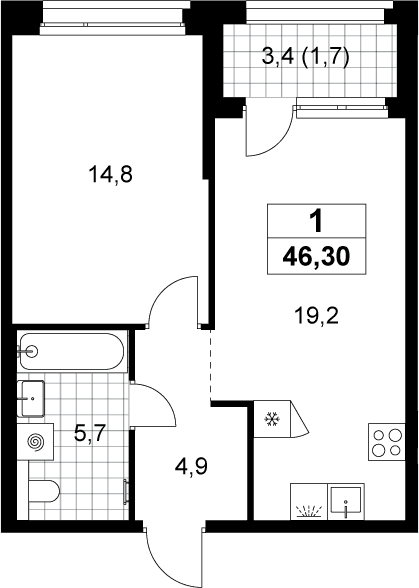 Планировка: Евродвушка 44,6 м² в ЖК «Хольм»