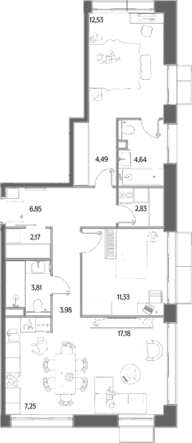 Планировка: Евротрёшка 77,1 м² в ЖК «МЫС»