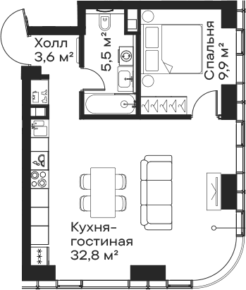 Планировка: Евродвушка 51,8 м² в ЖК «Сити Бэй»