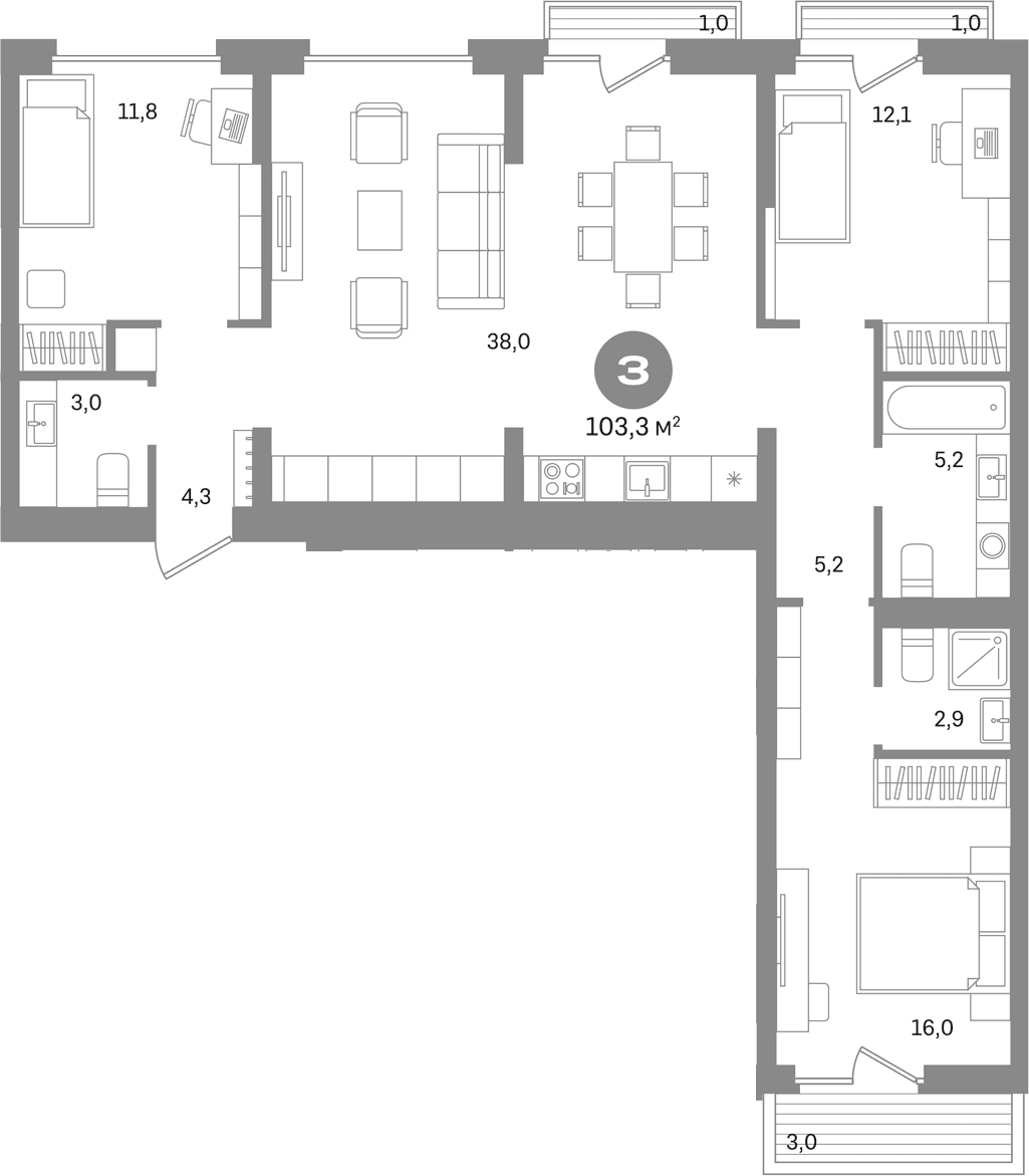Планировка: 3-комнатная квартира 98,3 м² в ЖК «Первый квартал. Вторая очередь»