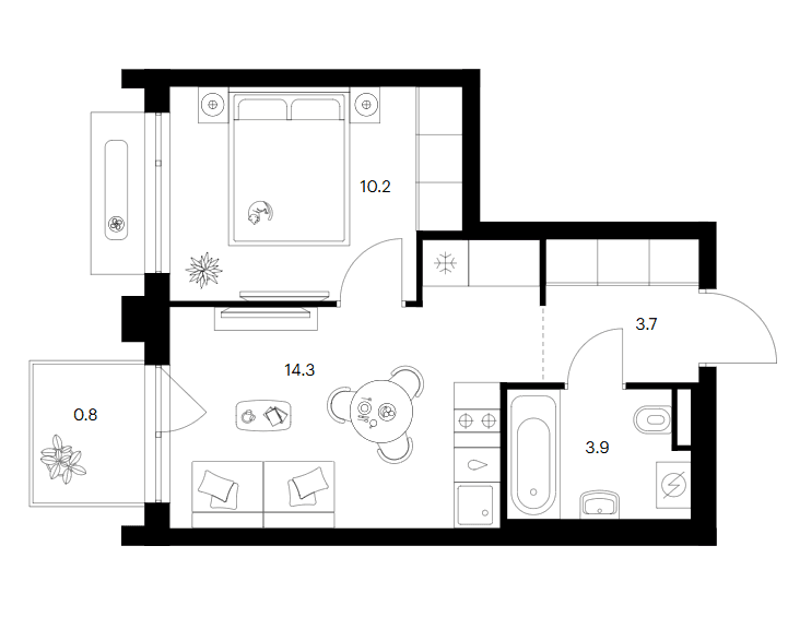 Планировка: 1-комнатная квартира 32,1 м² в ЖК «Зеленый парк»