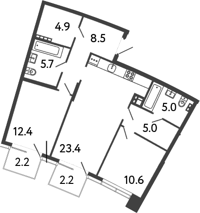 Планировка: Евротрёшка 75,5 м² в ЖК «Цвет Зеленогорска»