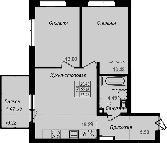 Планировка: Евротрёшка 55,1 м² в ЖК «Grona Lund»