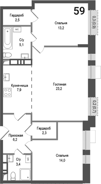 Планировка: Евротрёшка 77,8 м² в ЖК «Киноквартал»