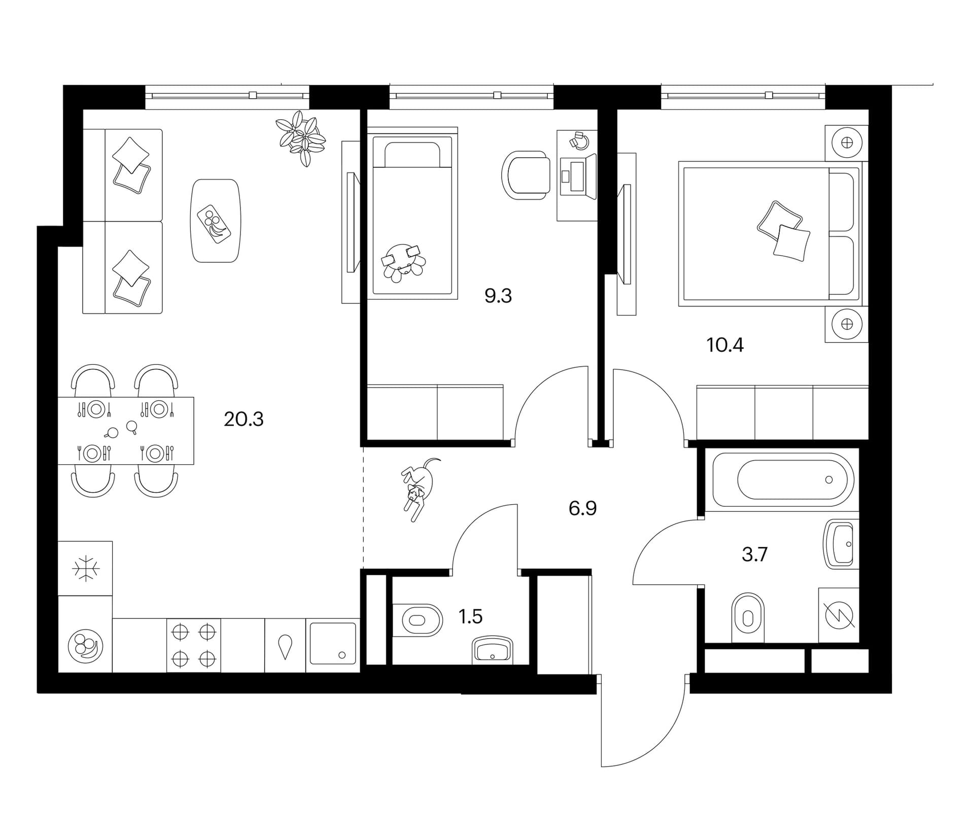 Планировка: 2-комнатная квартира 52,1 м² в ЖК «Белая Дача парк»