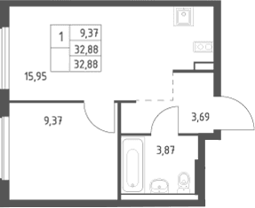 Планировка: Евродвушка 32,9 м² в ЖК «Большое Юрлово»