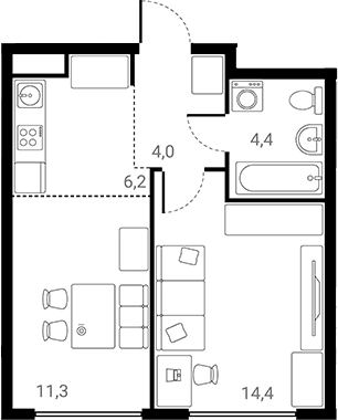 Планировка: 1-комнатная квартира 40,3 м² в ЖК «Лесная Коллекция»