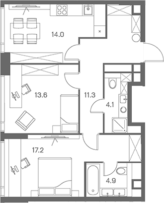 Планировка: 2-комнатная квартира 65,1 м² в ЖК «ЛОТ от Аквилон»