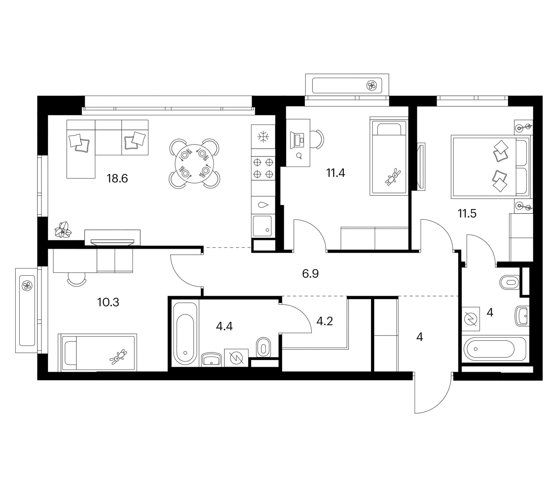 Планировка: 3-комнатная квартира 75,3 м² в ЖК «Зеленый парк»