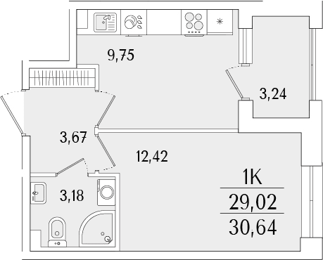 Планировка: 1-комнатная квартира 29 м² в ЖК «Гранат»