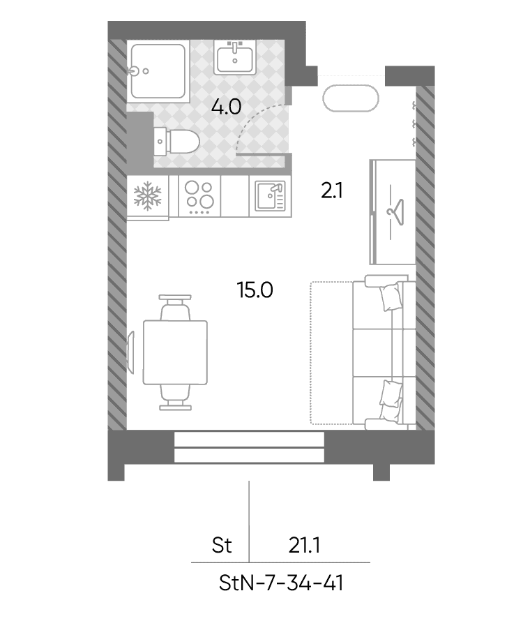Планировка: Студия 21,1 м² в ЖК «ЗилАрт»