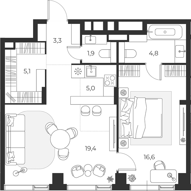 Планировка: Евродвушка 56,1 м² в ЖК «МАСТЕРС»