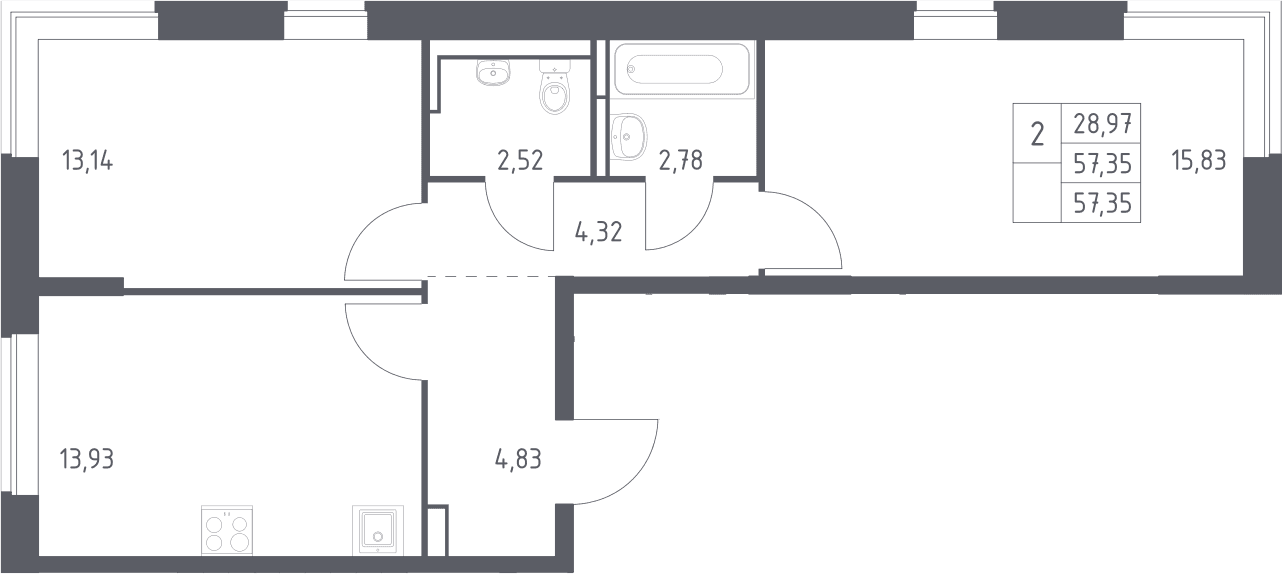 Планировка: 2-комнатная квартира 57,4 м² в ЖК «Богдановский лес»