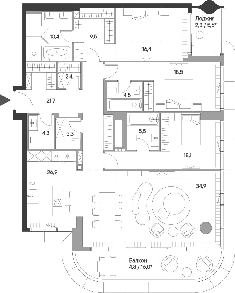 Планировка: Квартира евро-4 177,2 м² в ЖК «Springs»