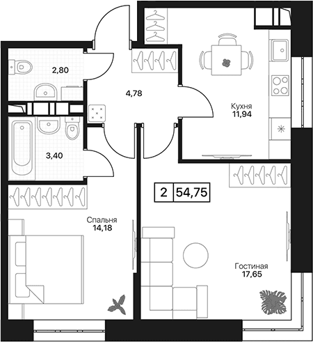 Планировка: 2-комнатная квартира 54,6 м² в ЖК «Пушкино Град»