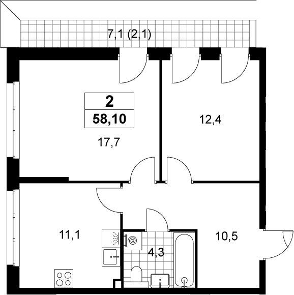 Планировка: 2-комнатная квартира 56 м² в ЖК «Деснаречье»
