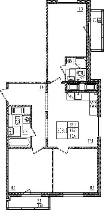 Планировка: Квартира евро-4 72,2 м² в ЖК «Дыбенко парк»