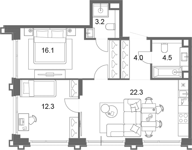 Планировка: Евротрёшка 62,4 м² в ЖК «ОМ Ботанический»