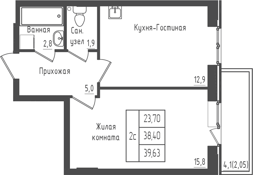 Планировка: 1-комнатная квартира 38,4 м² в ЖК «Зеленый город»