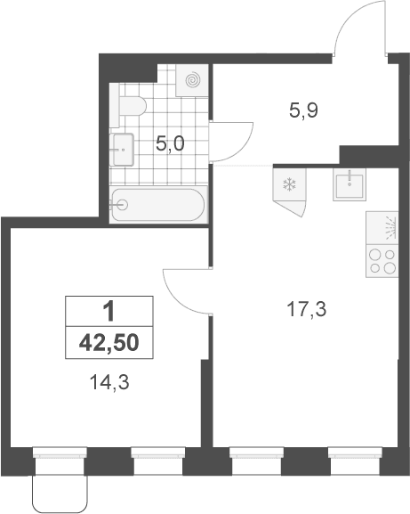 Планировка: Евродвушка 42,5 м² в ЖК «Деснаречье»