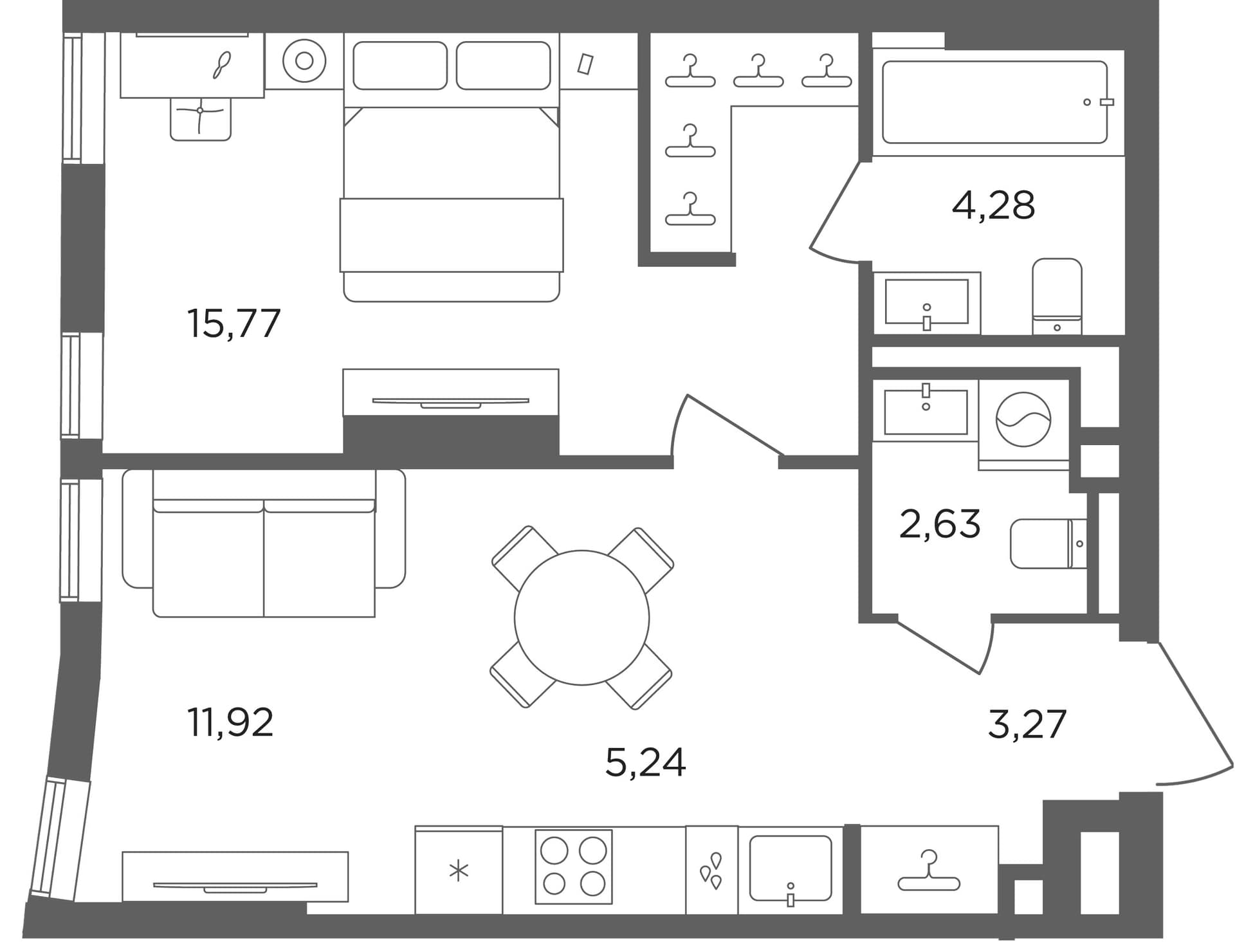 Планировка: Евродвушка 43,1 м² в ЖК «Сикрет Гарден»