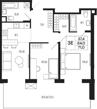 Планировка: Евротрёшка 63,6 м² в ЖК «Базаева 11»