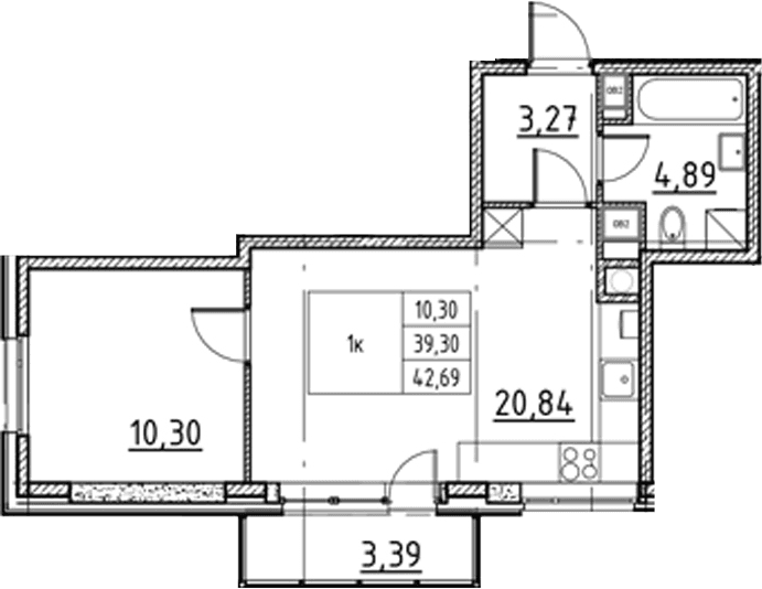 Планировка: Евродвушка 39,3 м² в ЖК «Соло.Петергоф»