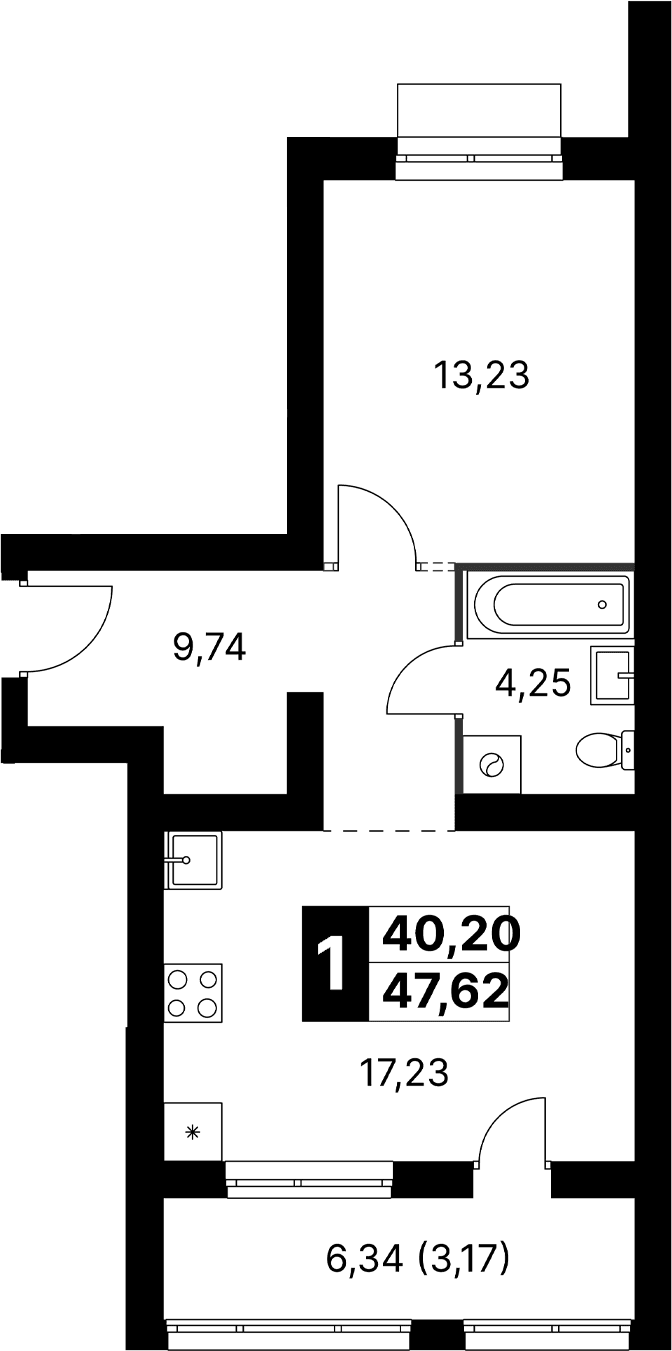 Планировка: Евродвушка 44,5 м² в ЖК «Апрелевка Клаб»