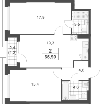 Планировка: Евротрёшка 64,7 м² в ЖК «Южные сады»