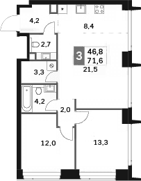 Планировка: Евротрёшка 71,6 м² в ЖК «Амбер Сити»