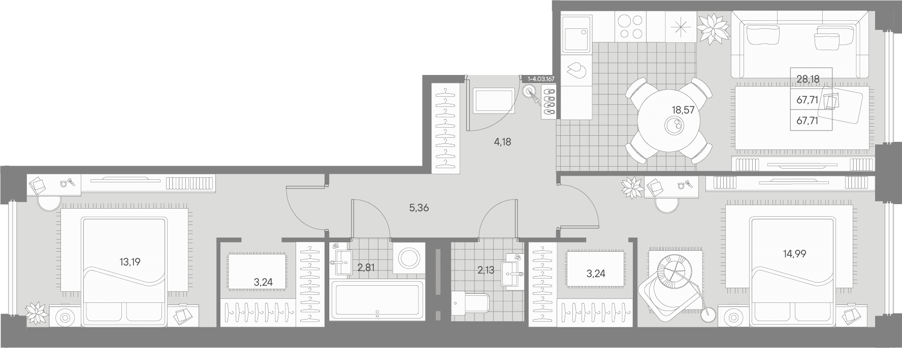 Планировка: Евротрёшка 67,7 м² в ЖК «АВАНТ»