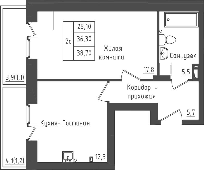 Планировка: 1-комнатная квартира 36,3 м² в ЖК «Зеленый город»
