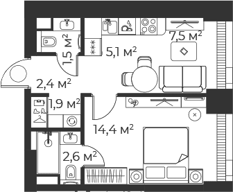 Планировка: Евродвушка 35,5 м² в ЖК «Веер»