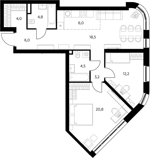 Планировка: Евротрёшка 79,2 м² в ЖК «Адмирал»