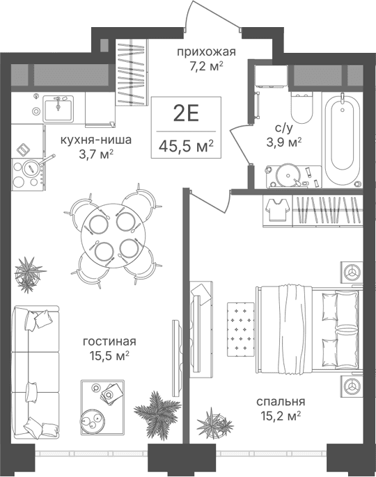 Планировка: Евродвушка 45,5 м² в ЖК «Михалковский»