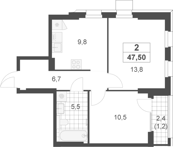 Планировка: 2-комнатная квартира 46,3 м² в ЖК «Скандинавия»