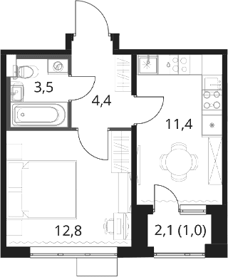 Планировка: 1-комнатная квартира 32,1 м² в ЖК «1-й Шереметьевский»