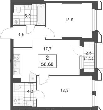 Планировка: Евротрёшка 57,3 м² в ЖК «Южные сады»