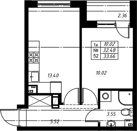 Планировка: Евродвушка 32,6 м² в ЖК «Огоньки»